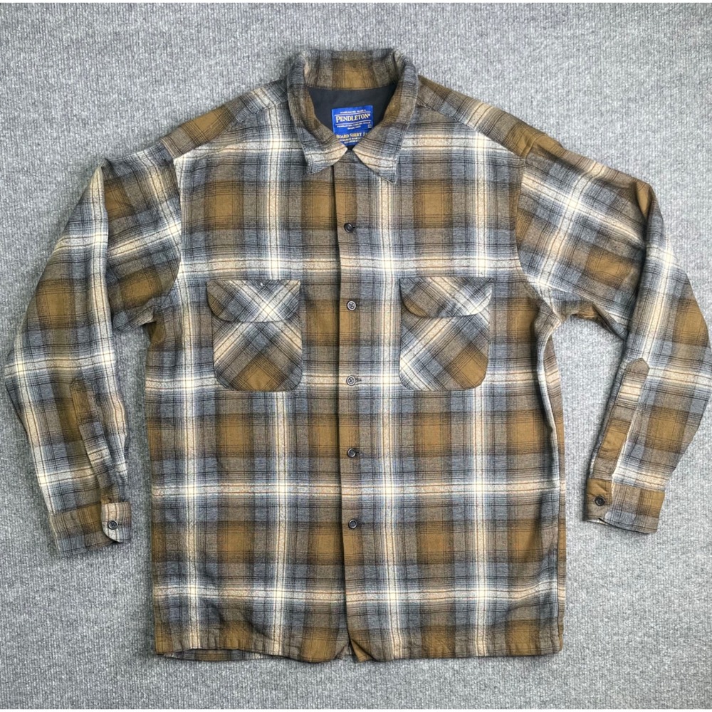 Pendleton Board Shirt Jac Mens L Brown Gray Plaid 100% Virgin Wool Button Up